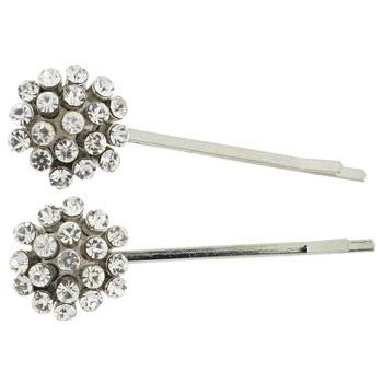 Karen Marie - Crystal Ball Bobby Pins - White Diamond - Silver (Set of 2)
